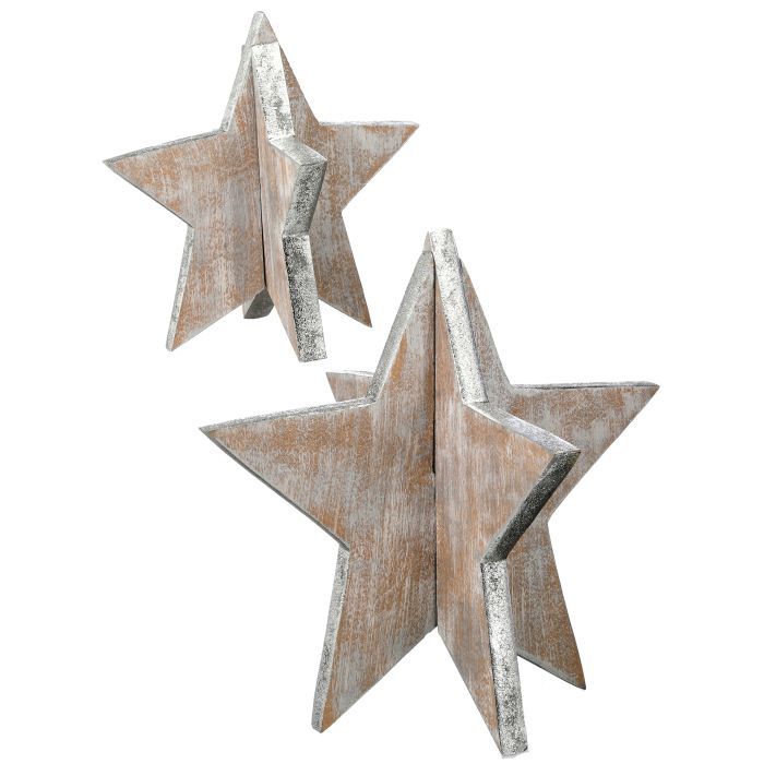 Figurine, 3D Silver Wood Star Silver Edge 8.5"/12" Set/2