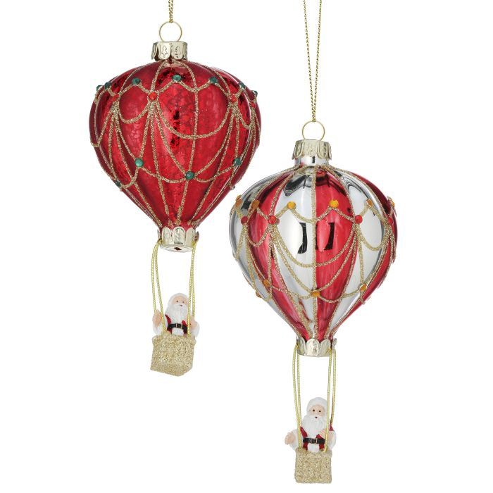 Ornament, 5.5&quot; Glass Santa In Hot Air Balloon 2 Asst