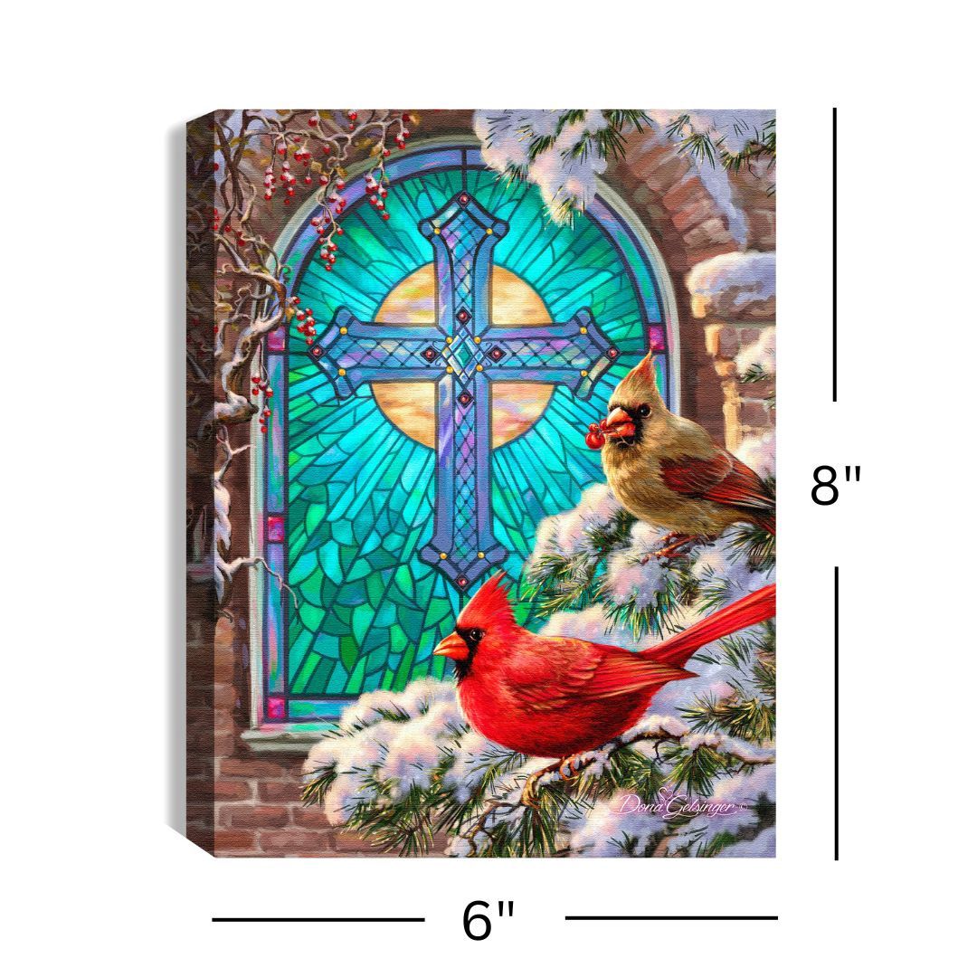 LED Canvas, Christmas Church Window w/Cardinals