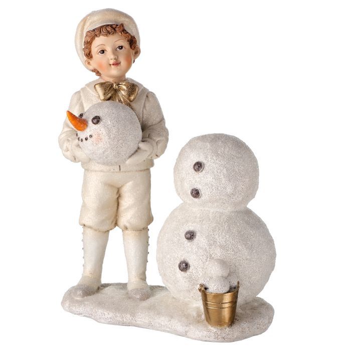 Figurine, Winter white Kid Building Snowman 8.5"