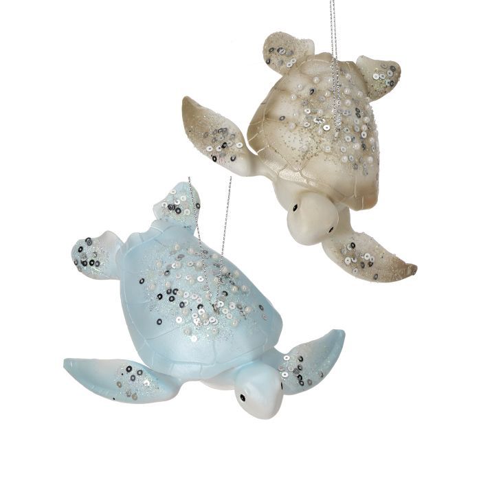Ornament, Sequin Sea Turtle White/Blue 5&quot;