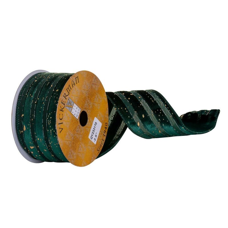 Ribbon, Midnight Green Velvet Line Gold Splatter 2.5&quot;x10y