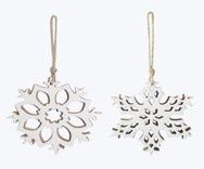 Ornament, Wood Snowflake w/Enamel White 2 Asst