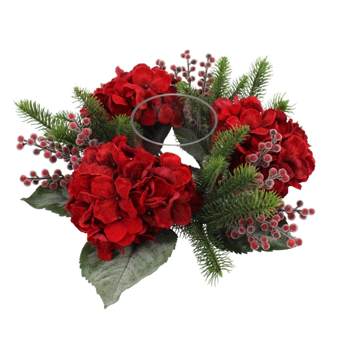 Candle Holder, Red Hydrangea Berry Pine 16"x3"