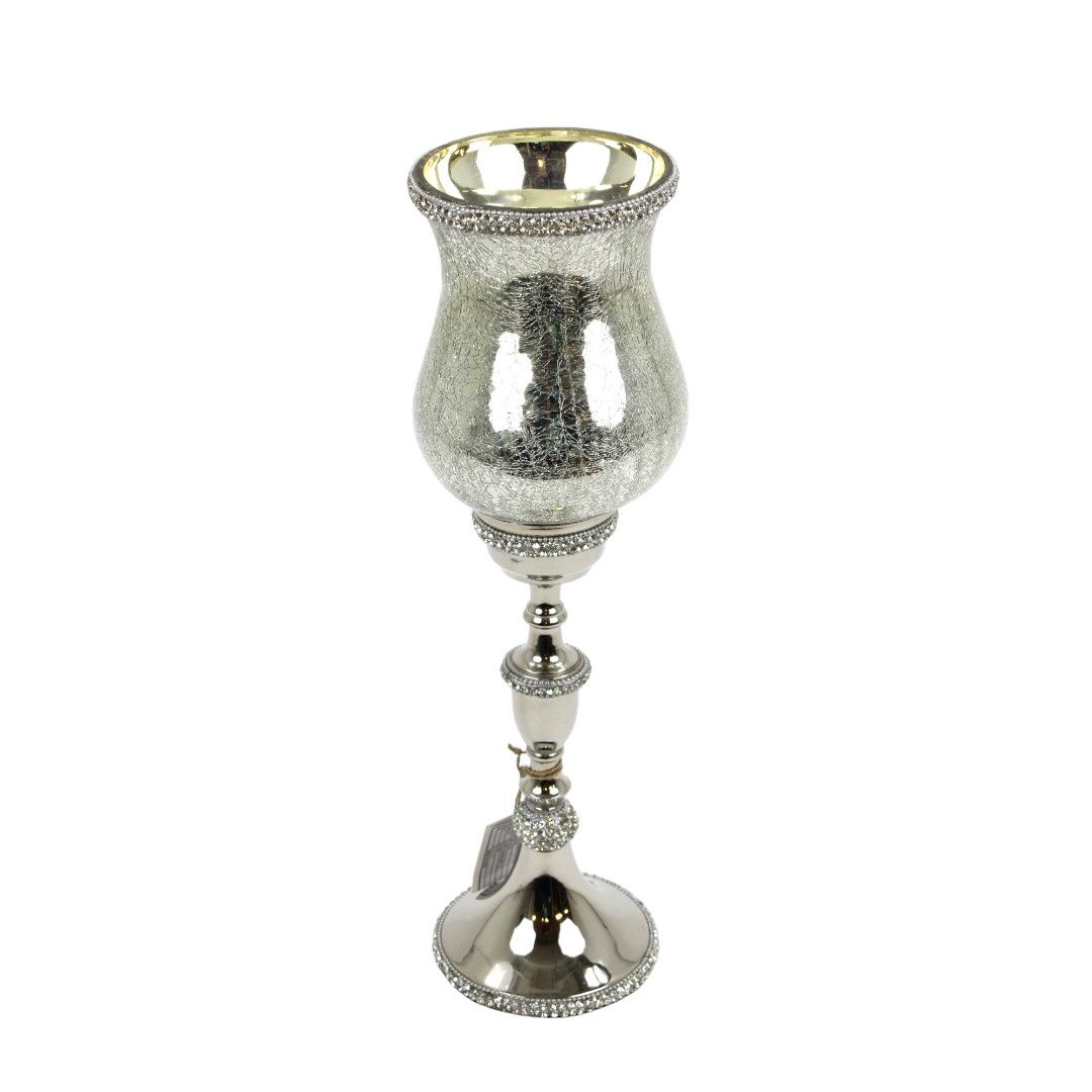 Candle Holder, 16" Silver Hurricane w/Jewels