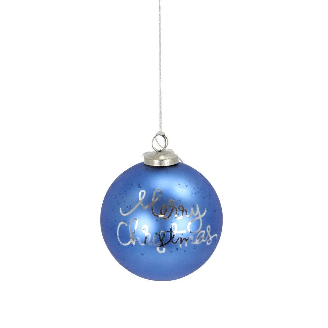 Ornament, 5&quot; Blue glass Merry Christmas Ball