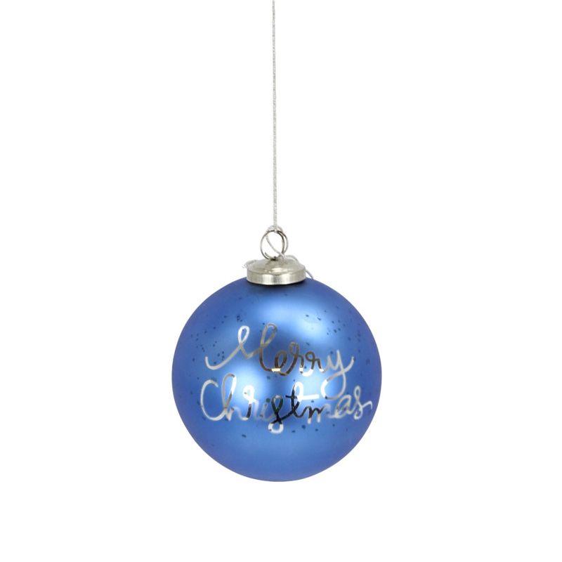 Ornament, 5&quot; Blue glass Merry Christmas Ball