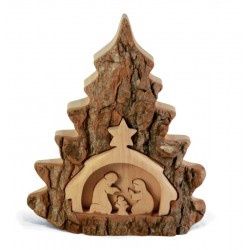 Nativity, Tree Cut Out Bark Edged Holy Family in Center