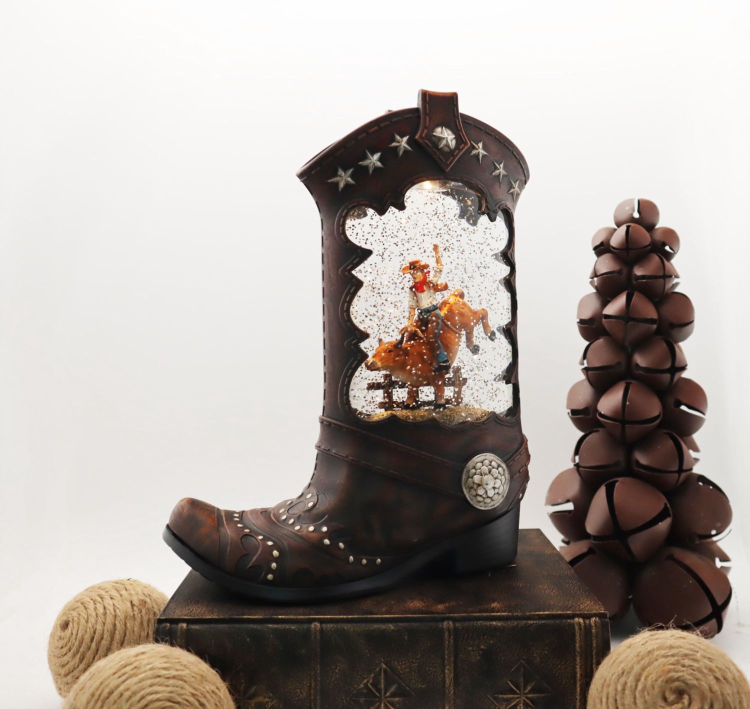 Snow Globe, Boot w/Cowboy &amp; Bull 10.25&quot;