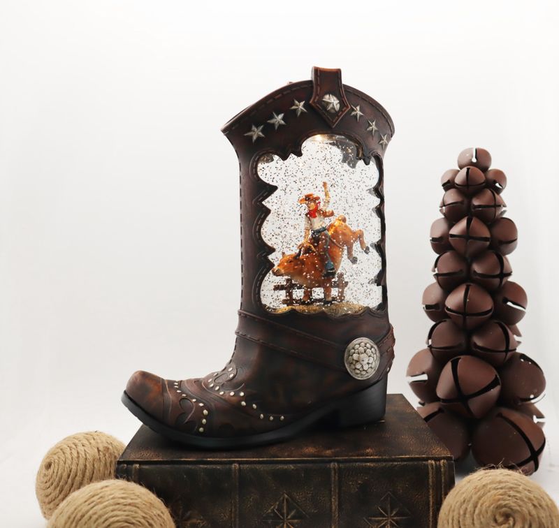 Snow Globe, Boot w/Cowboy &amp; Bull 10.25&quot;