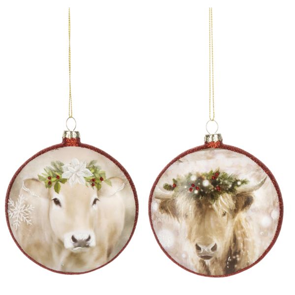 Ornament, Xmas Cow Glass Disc 4&quot;