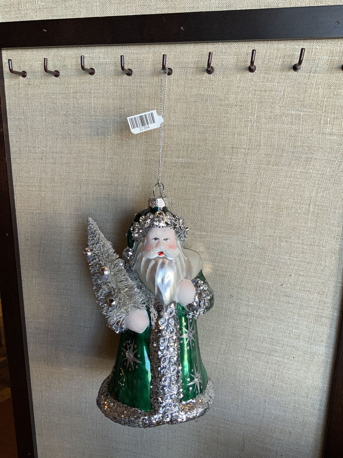 Ornament, Glass Green Santa 6&quot;