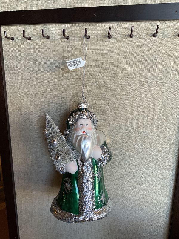 Ornament, Glass Green Santa 6&quot;