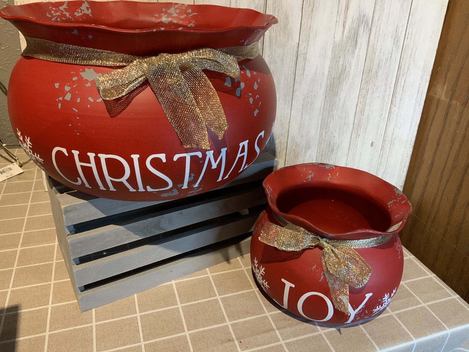 Container, Red Metal Santa Sack w/Words 2 Sizes