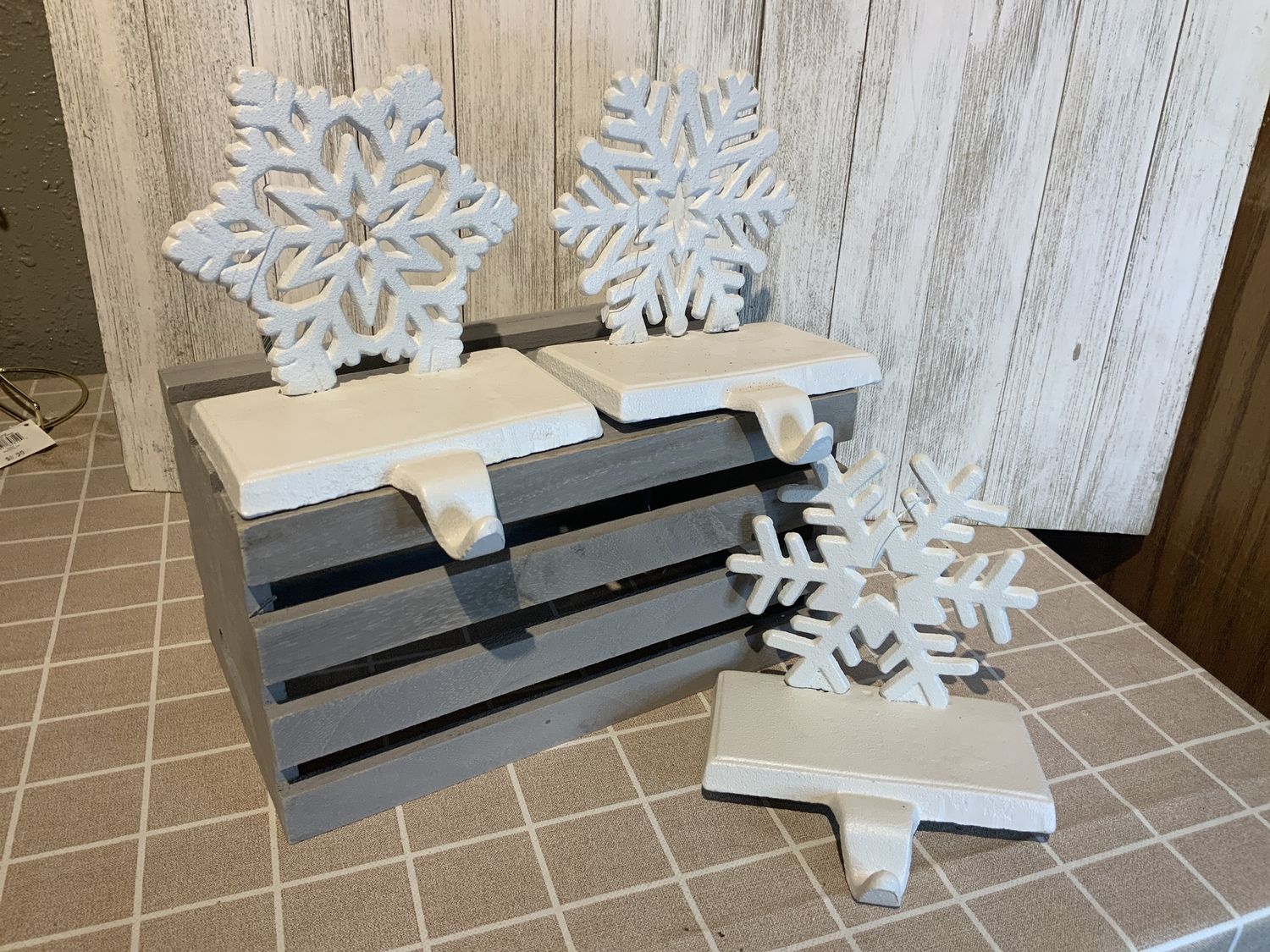 Stocking Holder, Cast Iron White Snowflake 3 Asst