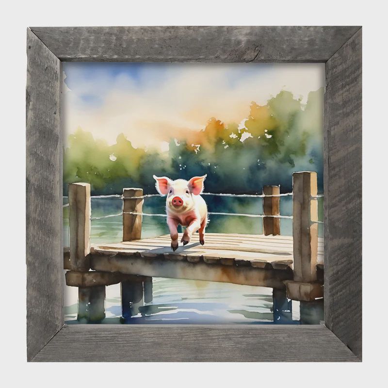 Picture, Pig Jumping into a Lake 14"x14"