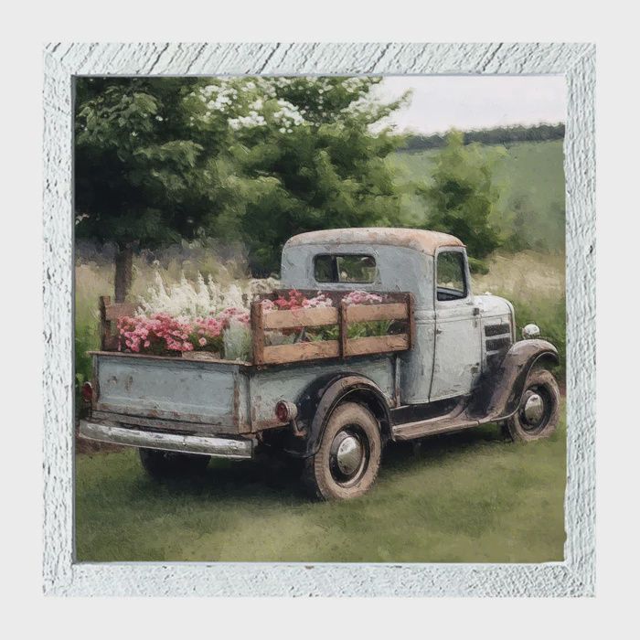 Picture, Blue Flower Truck White Frame 14"x14"