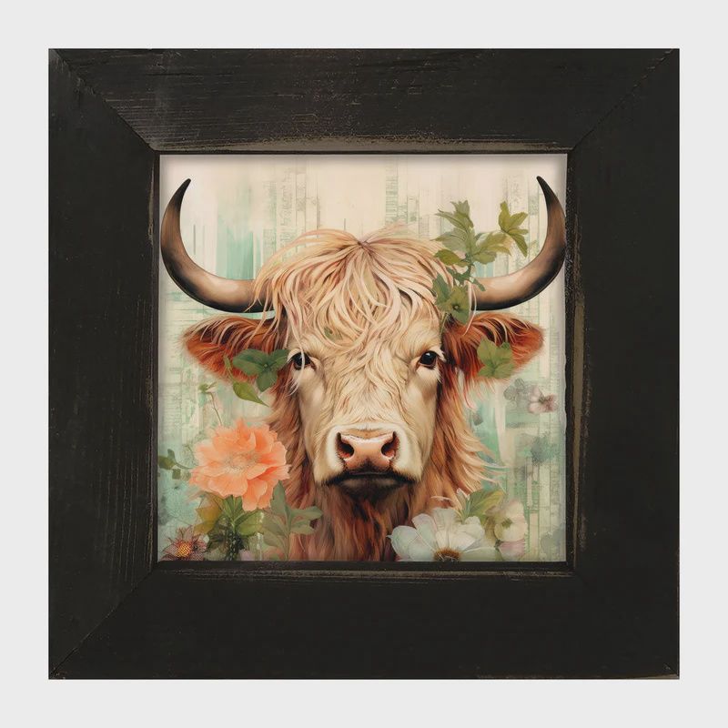 Picture, Highland Cow w/Flowers 8"x8"