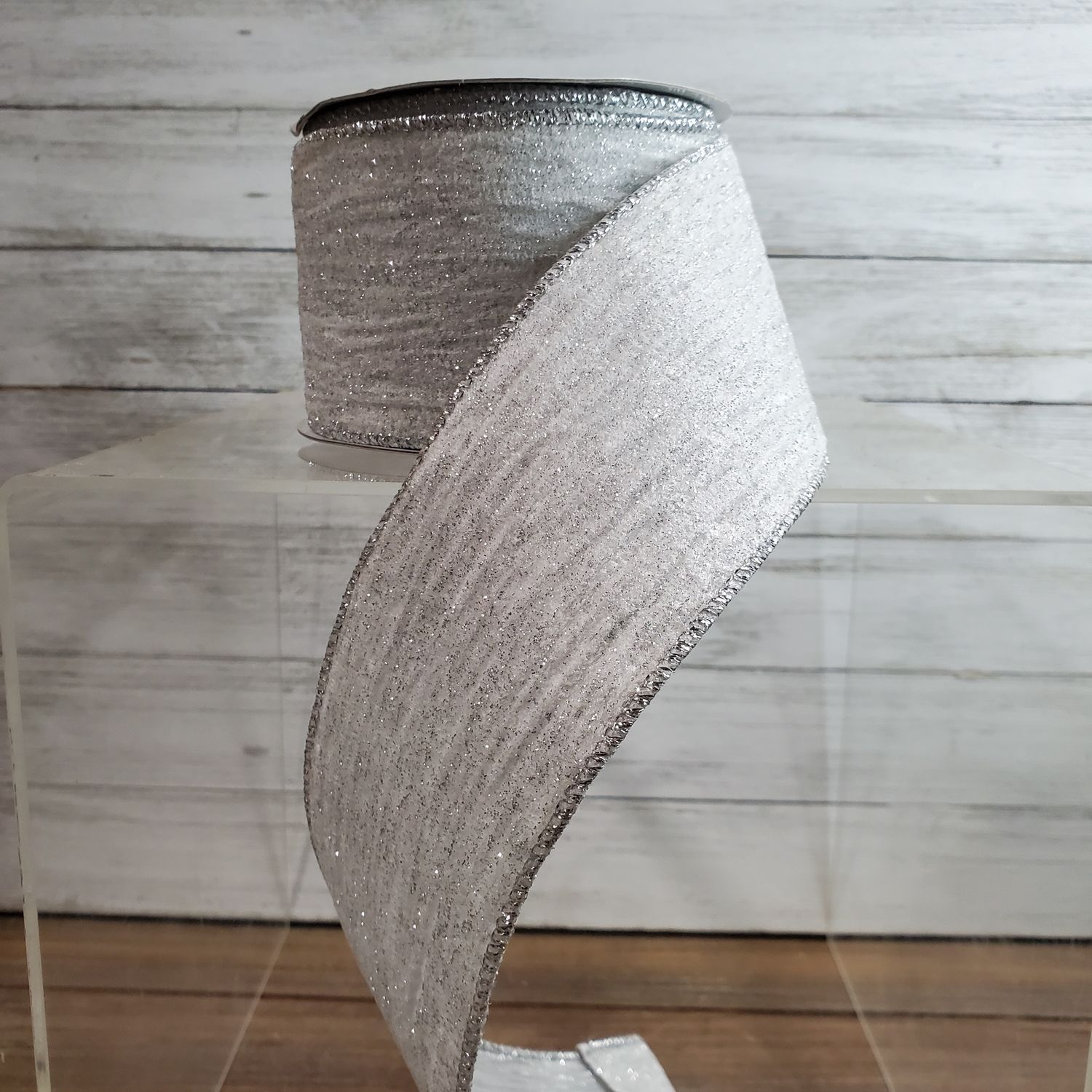 Ribbon, Crushed Velvet Glitter 2.5x10 Wht/S