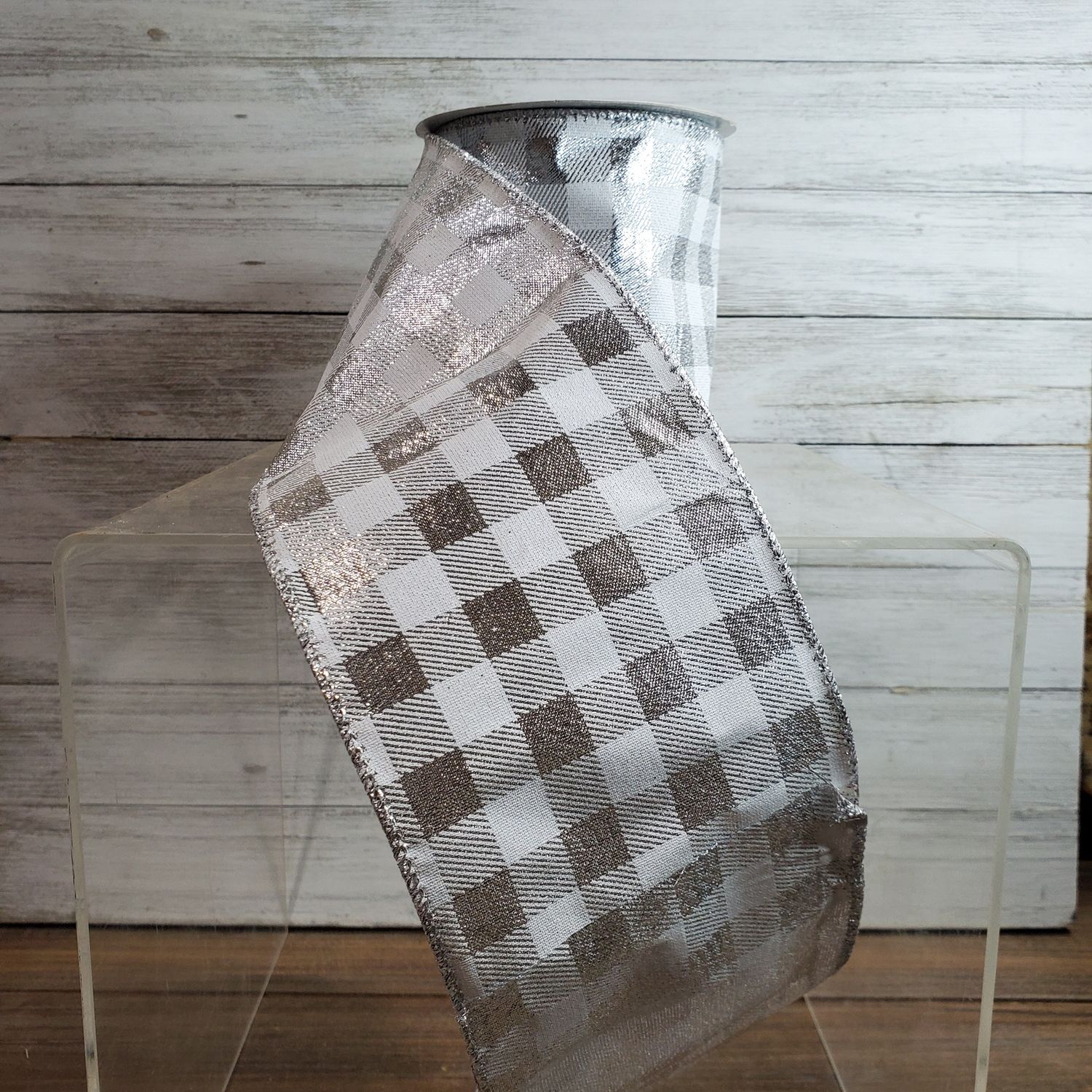 Ribbon, Silver/Wht Gingham 4"x10y