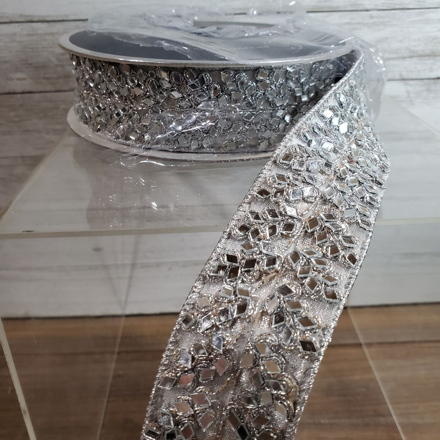 Ribbon, Silver w/Crystal Trim 1.5x5 beaded