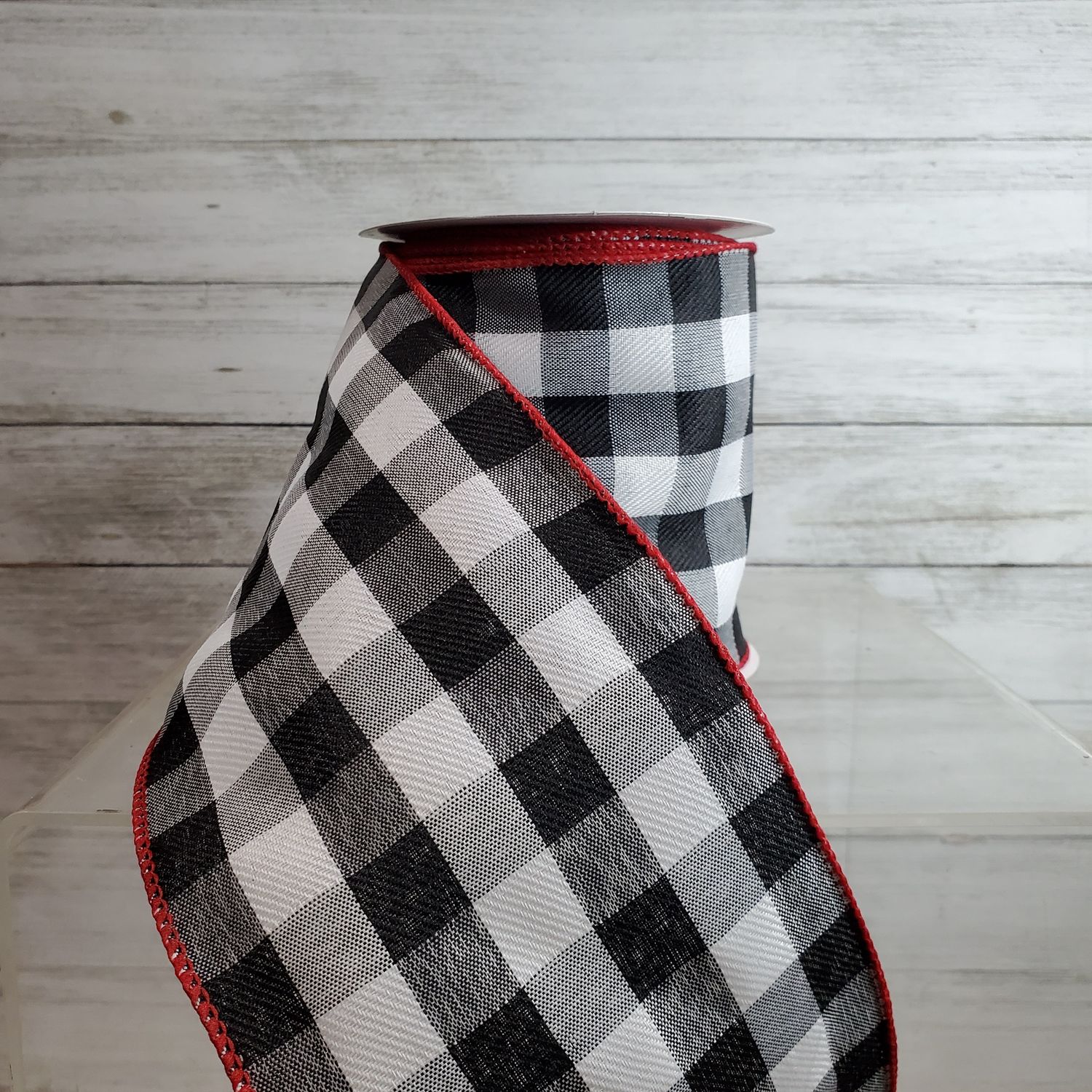 Ribbon, Black/Wht Plaid/Rd Trim 4"x10y