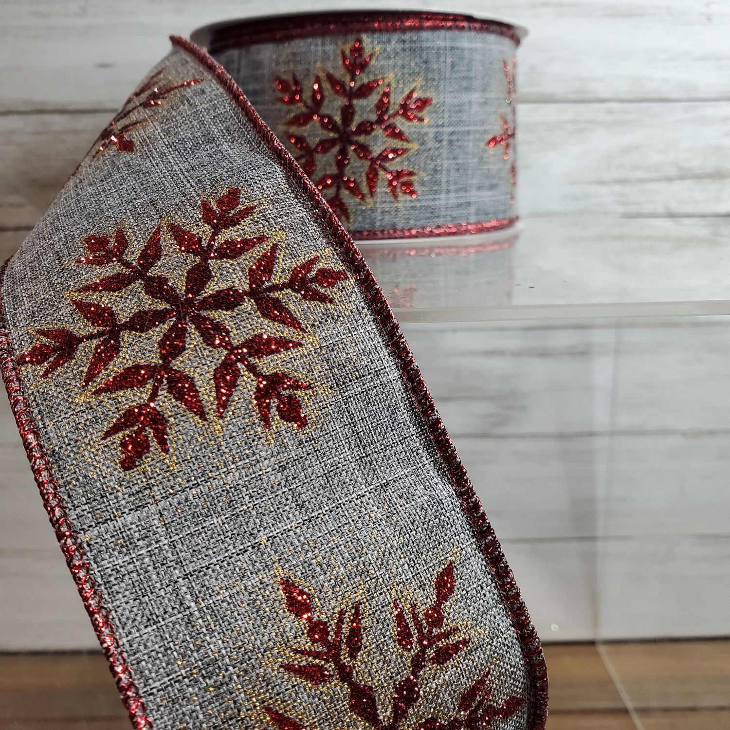 Ribbon, Grey Linen Snowflake 2-1/2"x10y