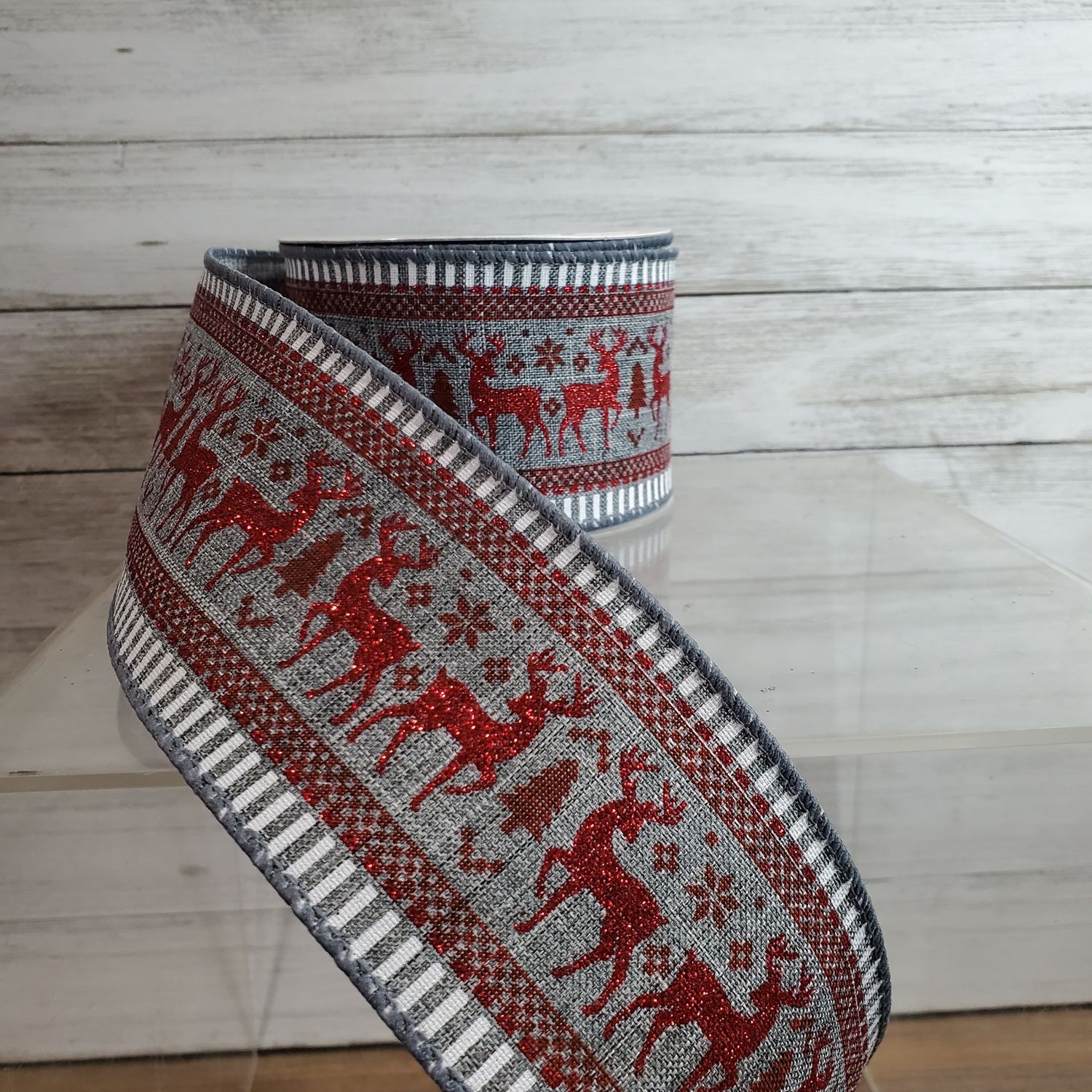 Ribbon, Grey/Red Deer Glitter 2-1/2"x10y