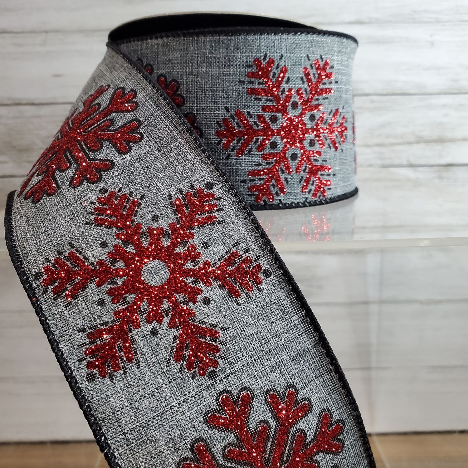 Ribbon, Hopsack Snowflake Red Glitter