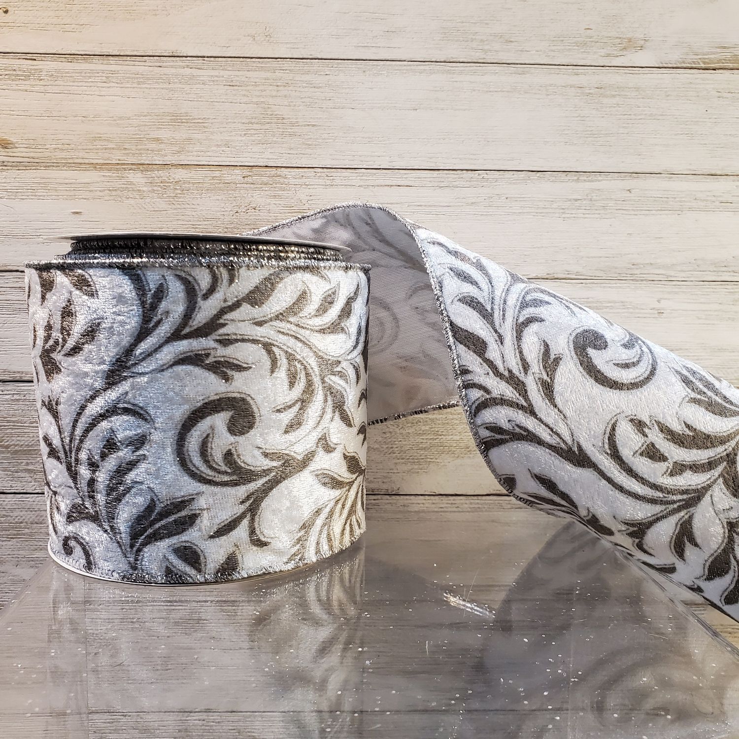 Ribbon, Silver Filigree Velvet 4"x10y