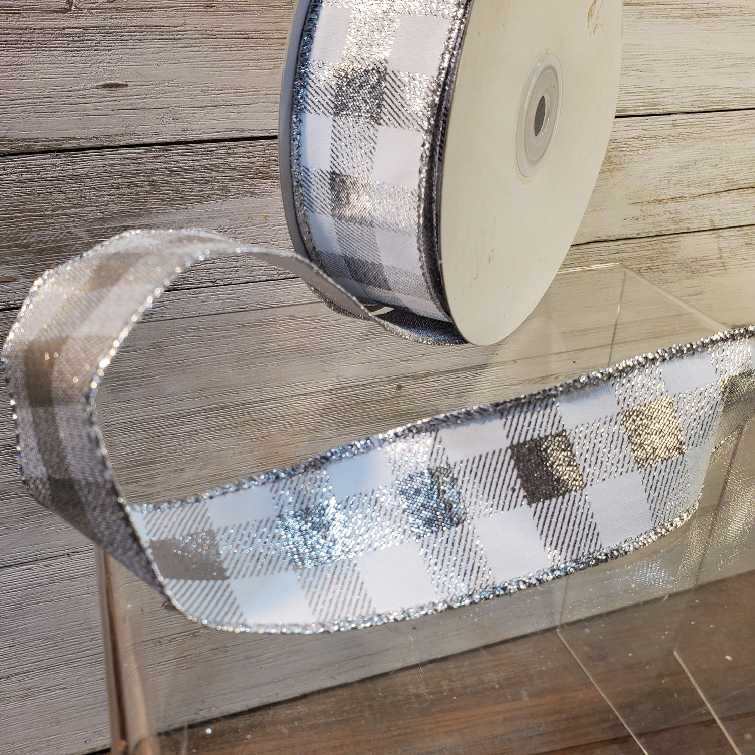 Ribbon, Silver White Gingham 1-1/2"x25y