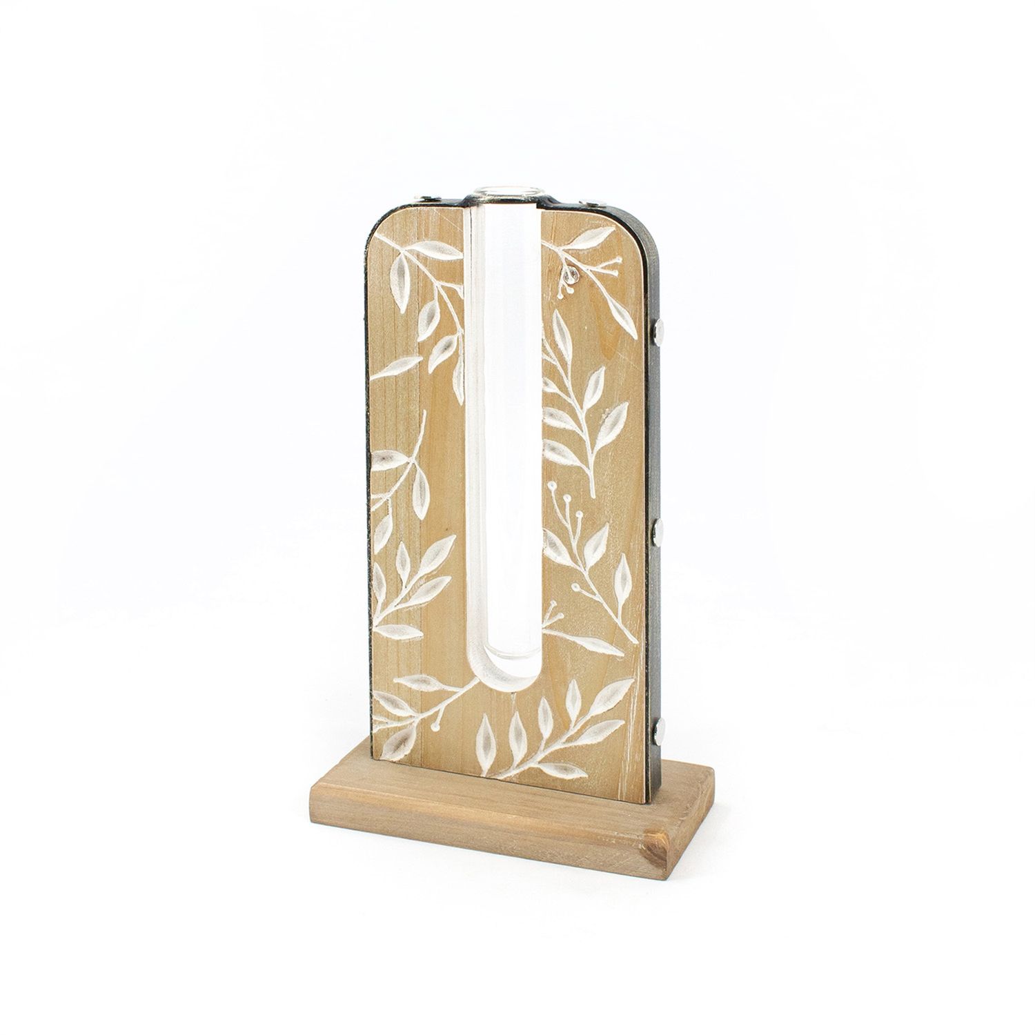 Vase, Tall Leaf Engraved Wood &amp; Stem Vase