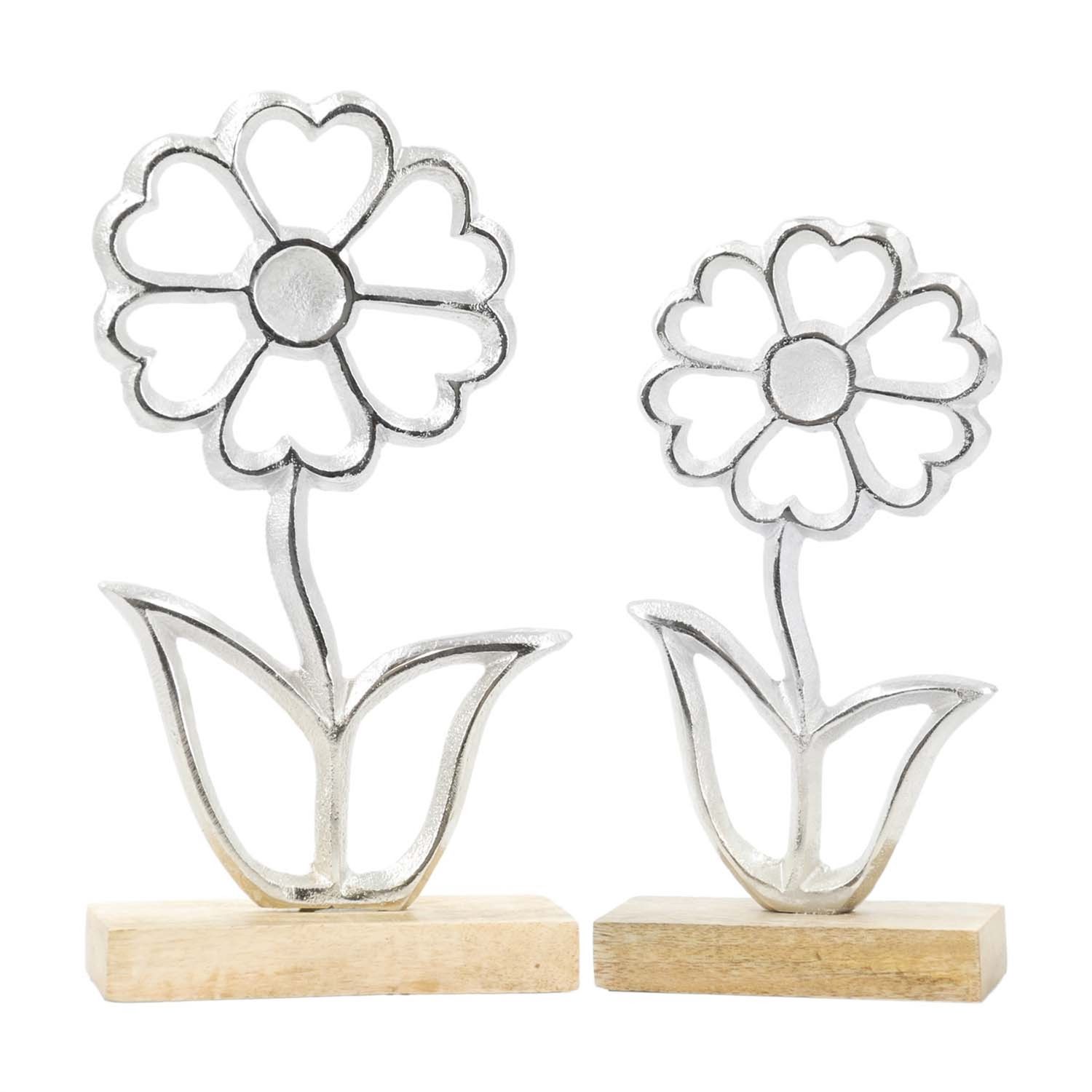 Decor, Silver Daisies on Wood Stand Set/2   9"/11"