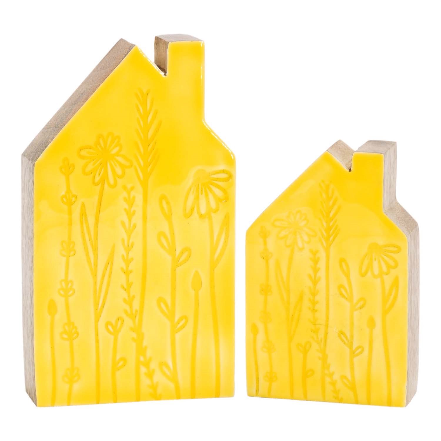 Decor, Yellow House Blocks w/Engraved Wildflowers Set/2 5"/7"