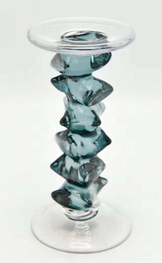Candle Holder, Glass Cube Blue 4.5"x9"