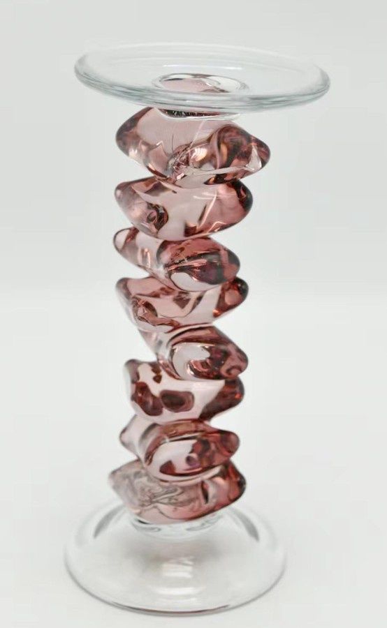 Candle Holder, Glass Cube Pink 4.75"x11.25"