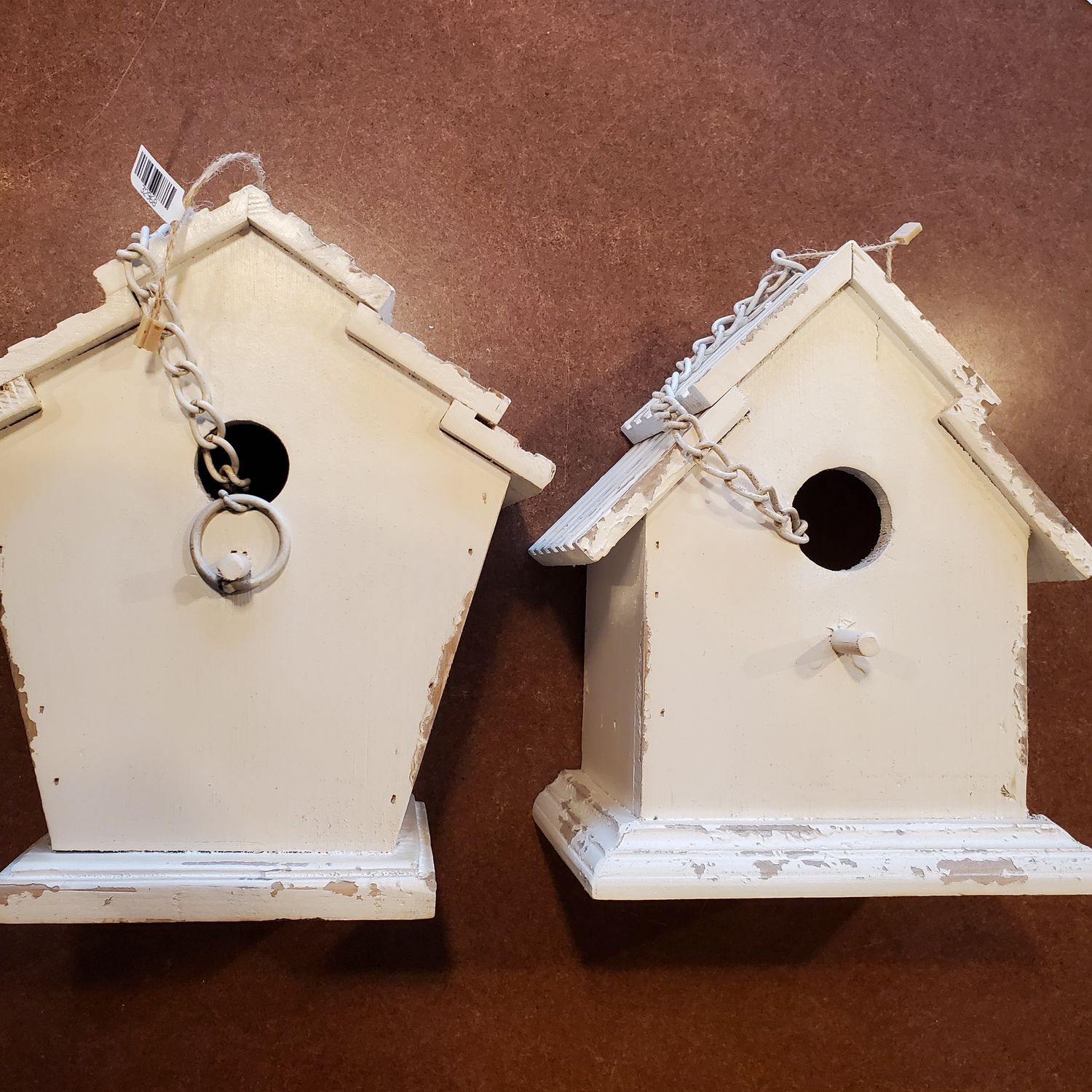 Bird House, WhiteWash Wood Hanging 2 Asst 7"