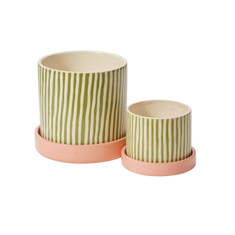 Planter, Melancia Green Stripe w/Saucer 7.75"x7"