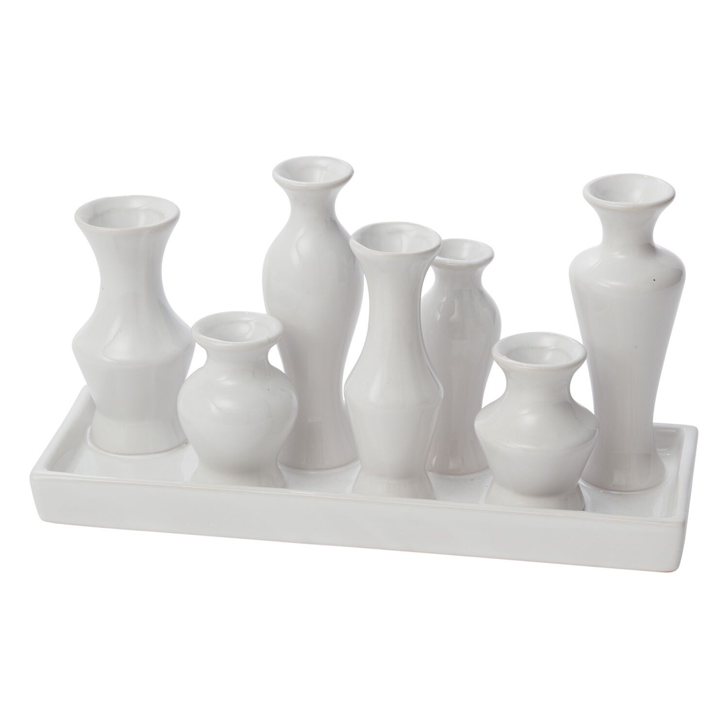 Vase, Multiple on Tray 11.25"x4.5"x6" White Ceramic