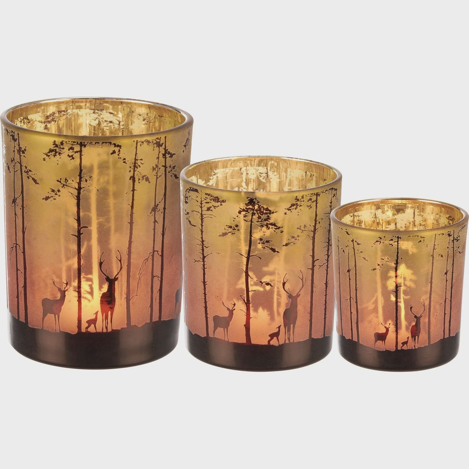 Candle Holder, Glass Etched Deer Set/3