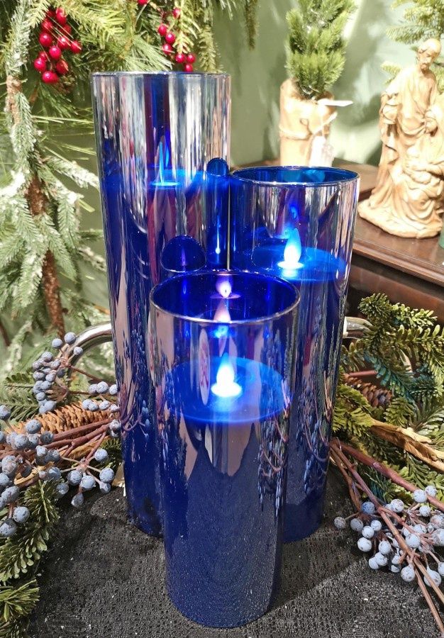 Candle, Dk Blue LED 3 Asst Sizes 3"