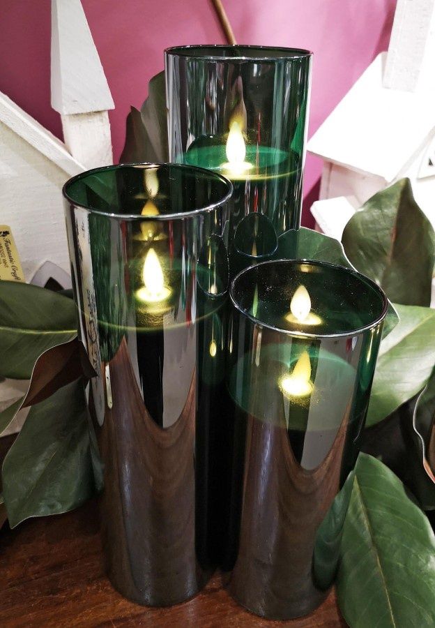 Candle, LED DK Emerald Glass Pillar 4" Asst Sizes