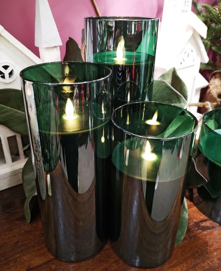 Candle, LED Dk Emerald Glass 3 Wick 6x6 Remote