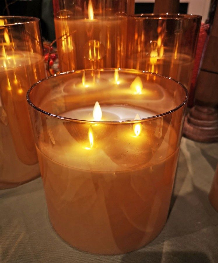 Candle, LED Amber Glass 6x6 3 Wick B/O