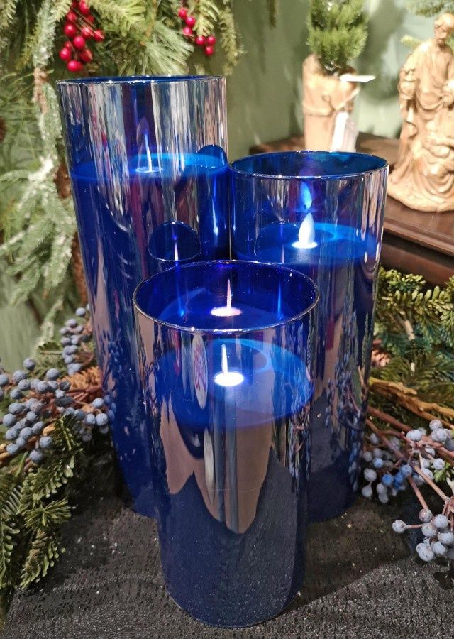 Candle, LED Dk Blue Glass 3 Asst Sizes 4"