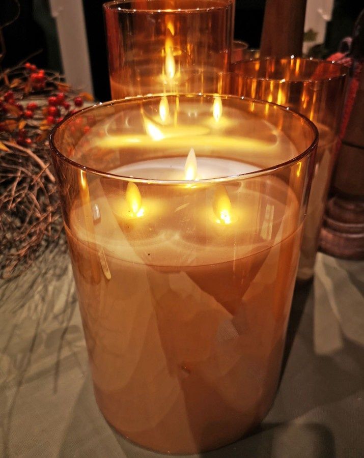 Candle, LED Glass Amber 3 Wick 6x8" B/O