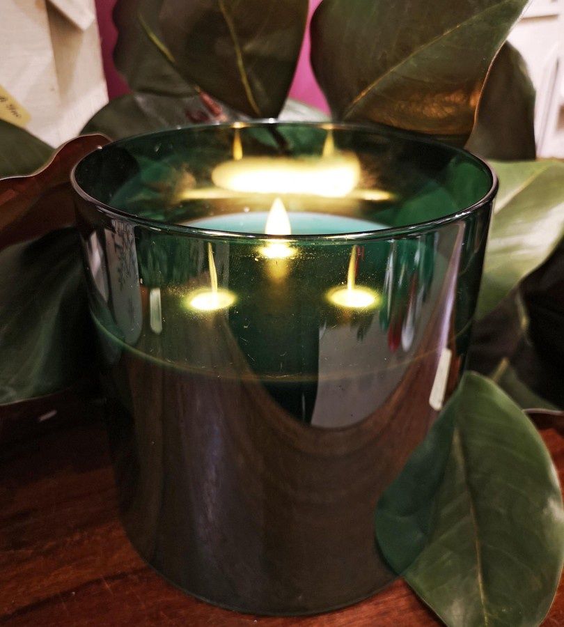 Candle, LED Dk Emerald Glass 3 Wick B/O Remote