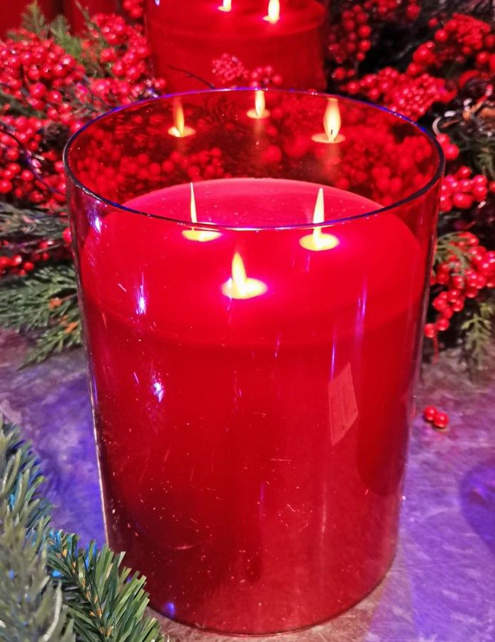 Candle, LED Red Glass 3 Wick 6x8 B/O Remote