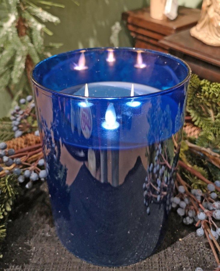 Candle, LED Dk Blue Glass 3 Wick 6x8 Remote
