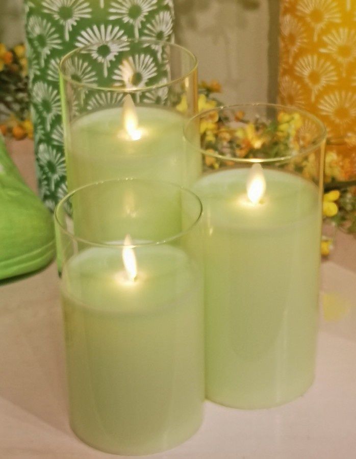 Candle, LED Green Glass Set/3 B/O 5/6/7"